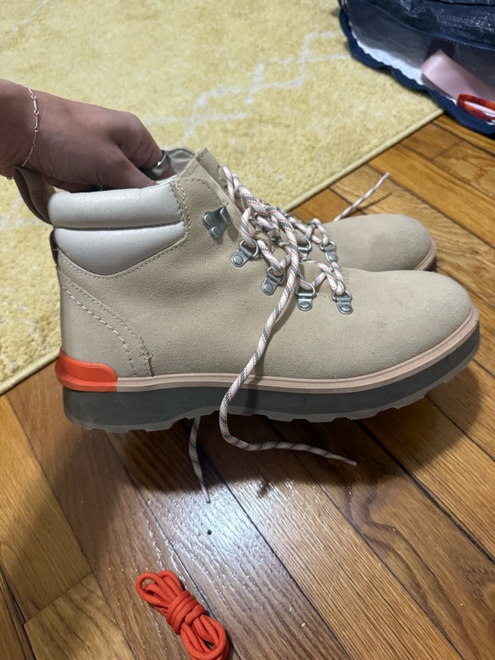 Beige Suede Fashion Boots with Orange Accent